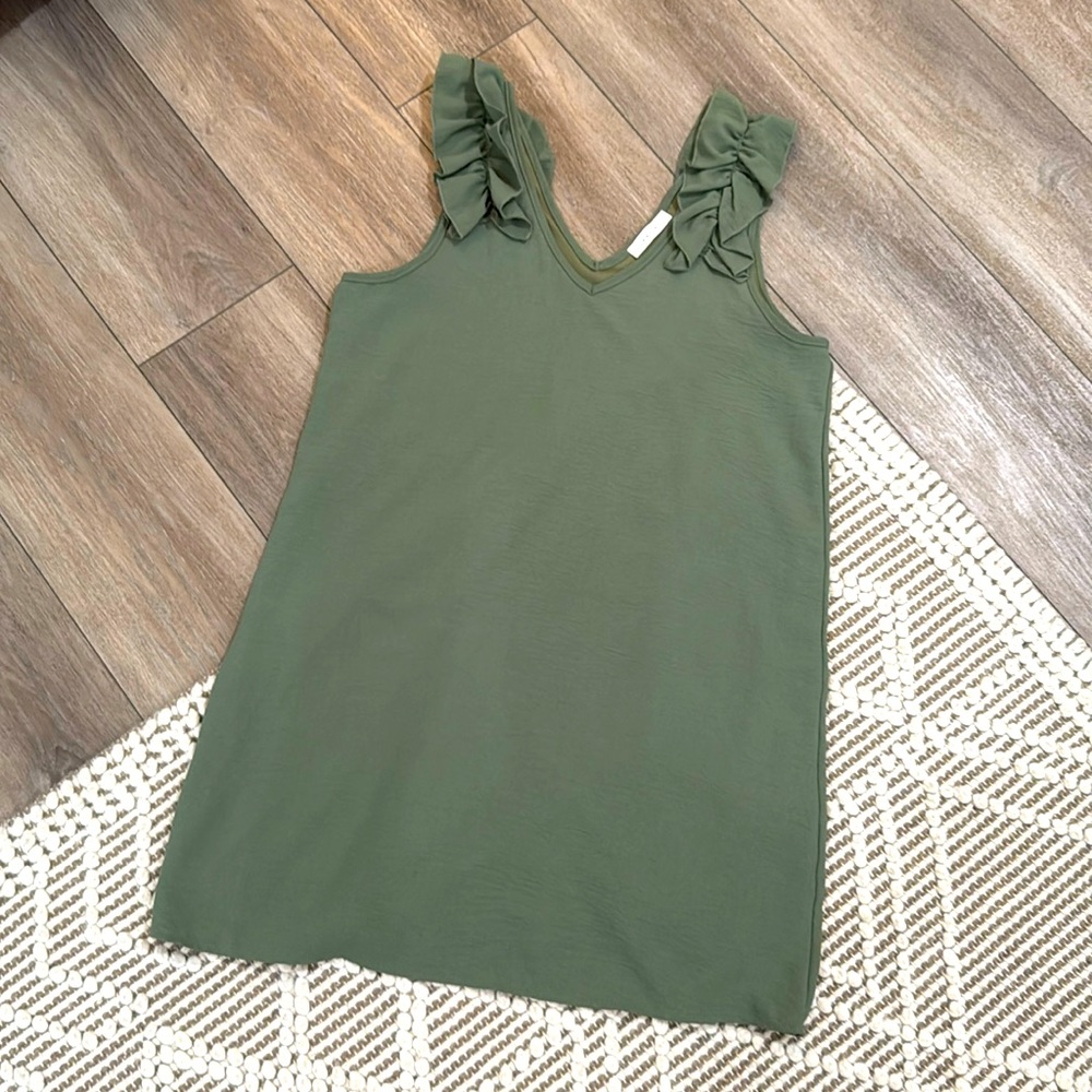 ENTRO Olive Green Dress | Size Medium | V Neck / Ruffle Sleeveless